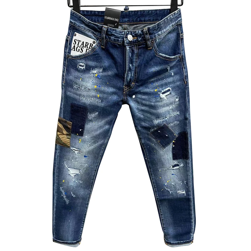 

2023new starbags dsq Italian original jeans strong wear hole patch paint dot hip hop slim fit elastic pants mid waist soft