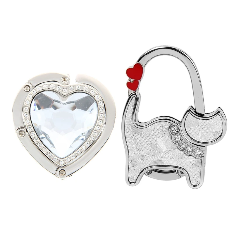 

2 Pcs Bag Holder Foldable Handbag Hook Cat Shaped Silver & Heart-Shape Silvery White