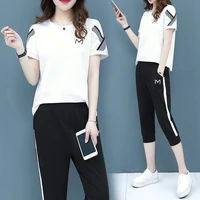 summer new womens casual sportswear suit female clothes black green caramel short sleeved cropped trousers two piece bs0938