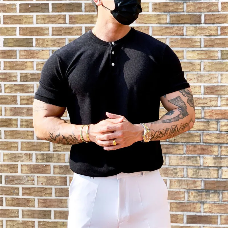 2022 new button collar Man Fashion T-shirt Shirt Casual Plain Color sleeve High Quality Slim Men Fitness homme tee |