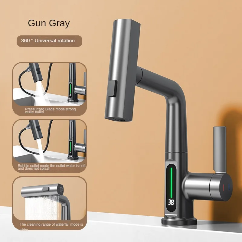 

Faucet Bathroom Accessories Digital Display Bathroom Washbasin Universal Lifting Pull Rotating Waterfall Hot And Cold Basin