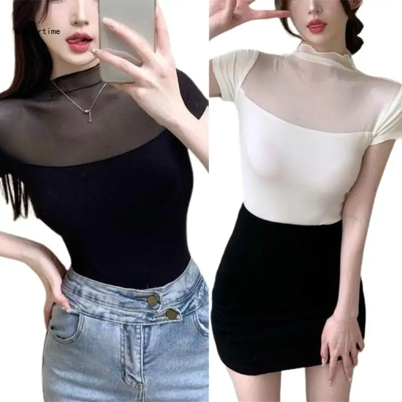 

B36D Women's Sexy Fit Short Sleeve Crop Top with Turtleneck Blouses for Summer