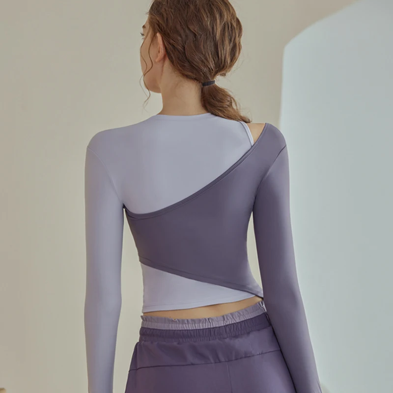 F.DYRAA Women Patchwork Color Sports Shirts Fake Two Pieces Off Shoulder Yoga Shirts Irregular Hem Tops Fitness Gym Sportswear