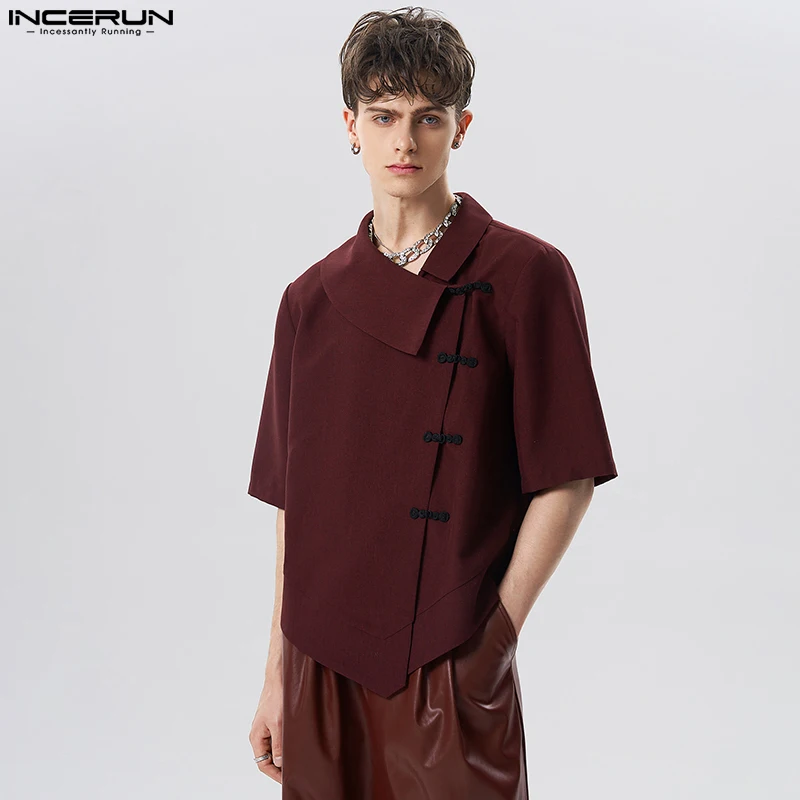 

INCERUN Tops 2023 American Style Handsome Men Half Sleeved Diagonal Placket Button Up Shirts Casual Streetwear Male Solid Blouse