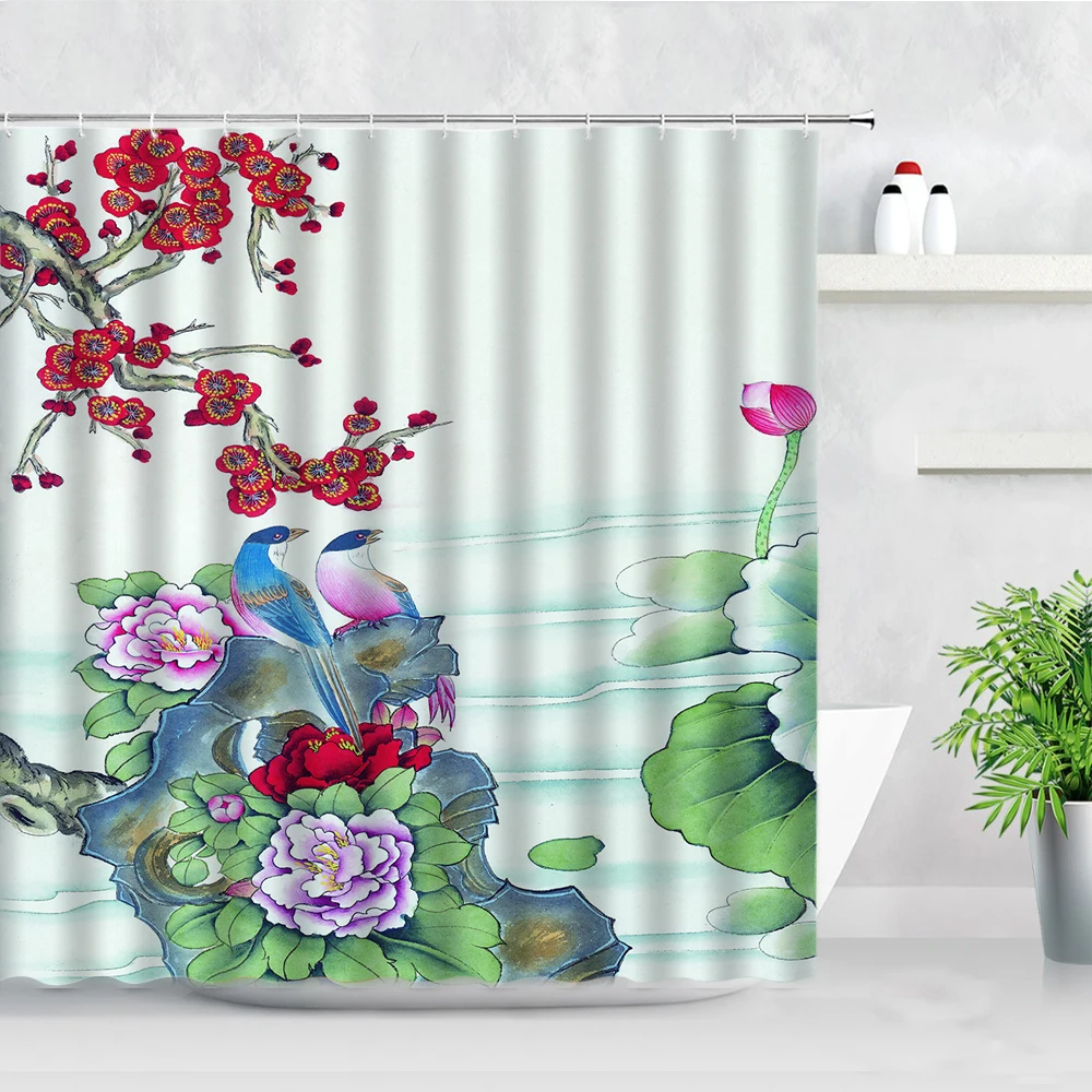 

Lotus Pond Floral Shower Curtain Set Birds Pink Lowers Green Leaves Chinese Style Hand Painted Art Decor Bathroom Curtains Baño