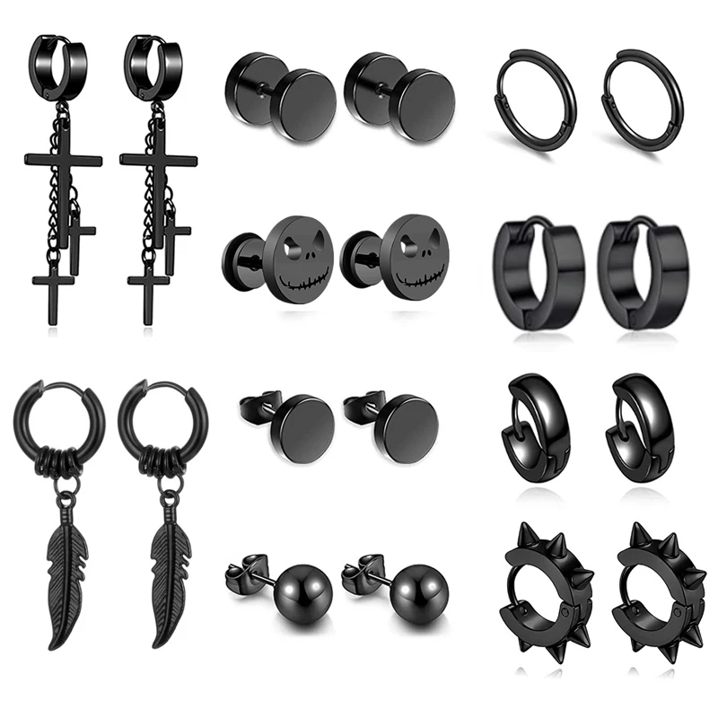 

10 Pairs of Stainless Steel Ring Earrings Set Black Cross Chain Round Male And Female Earrings Perforated