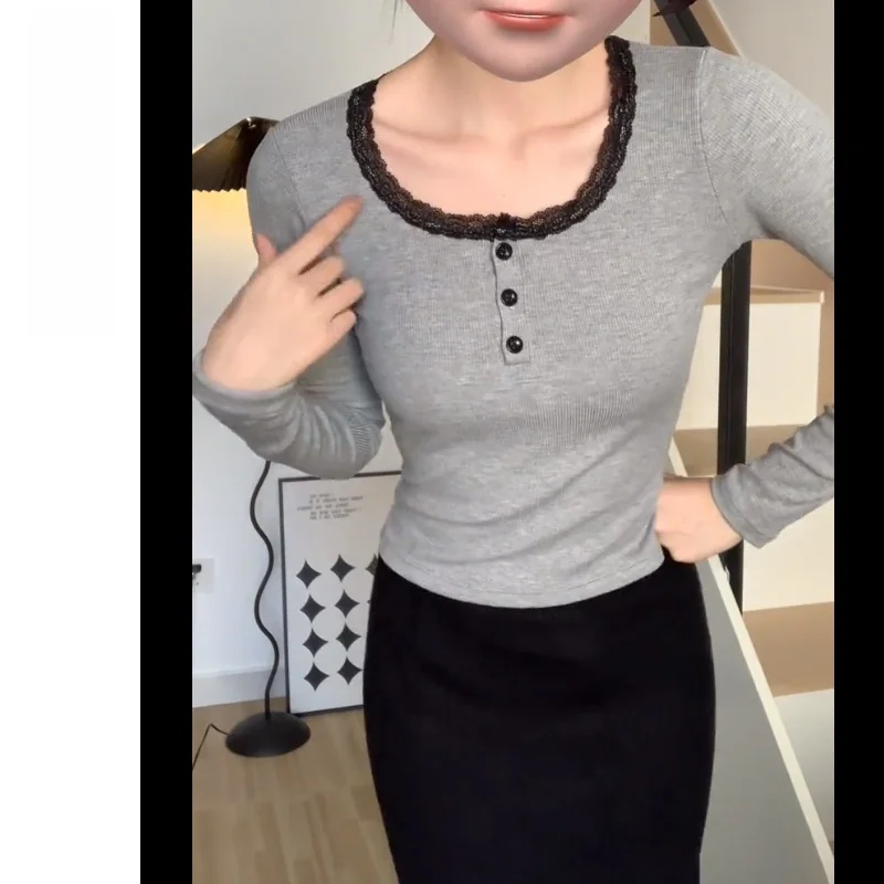 Серая кружевная нижняя рубашка Dralon женская осенне-зимняя футболка с длинными