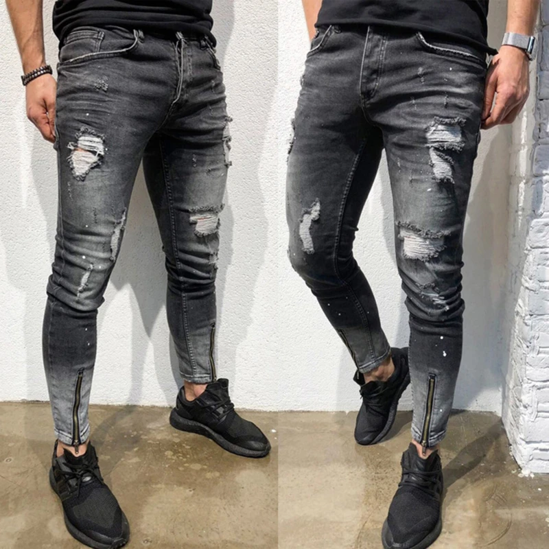 

Ripped Jeans Men Stretch Skinny Grey Black Hip Hop Denim Trousers Streetwear Casual Slim Fit Jeans For Men Jogging Jean