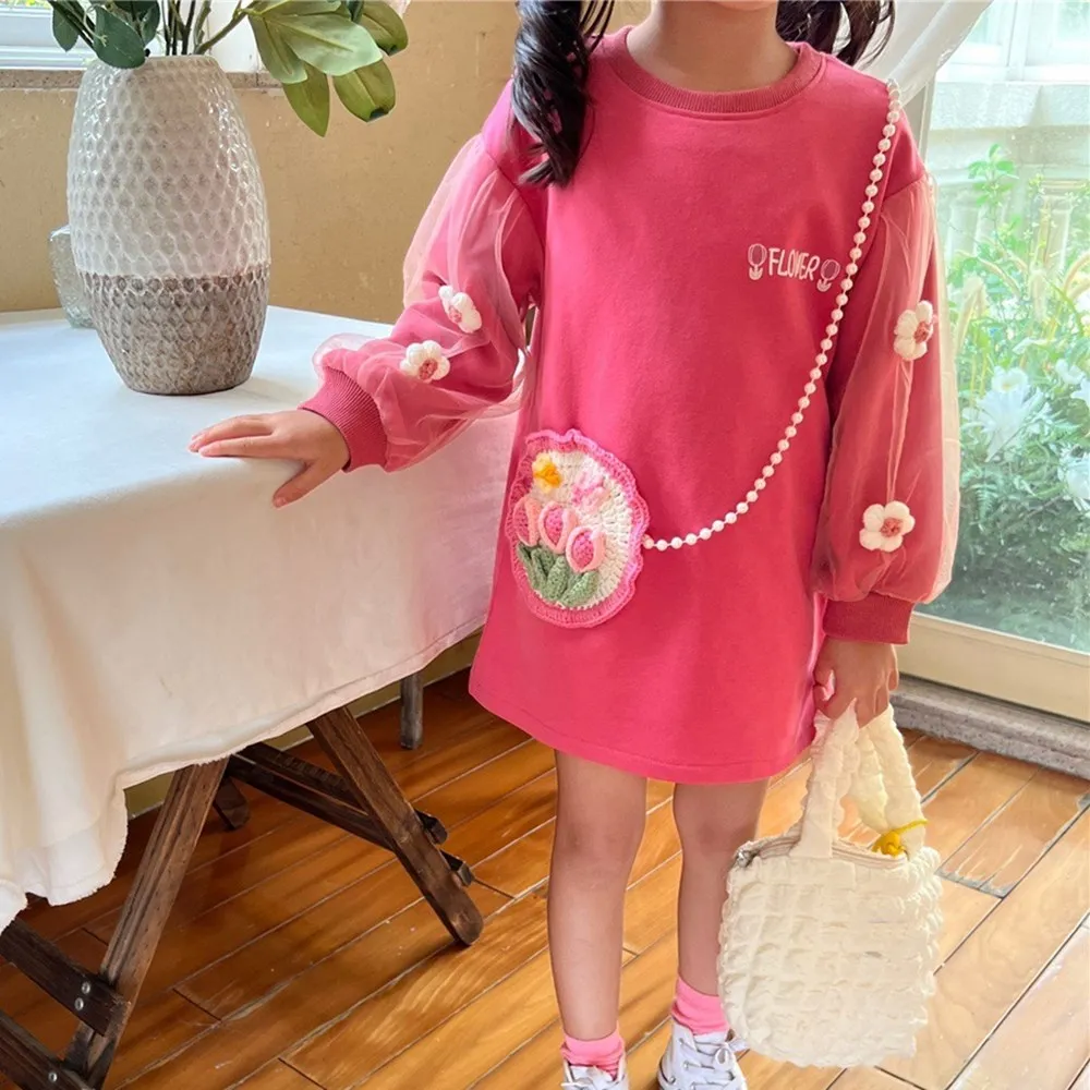 

Autumn winter kids dress baby girls sweet clothes Handmade floral long sleeved sweater dress