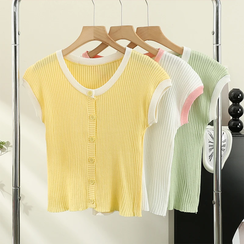 

Korean Striped Round Neck Flying Sleeve Short Knitted T-shirt Women Summer 2023 New Slim-fit Crop Top Women T Shirts for Women