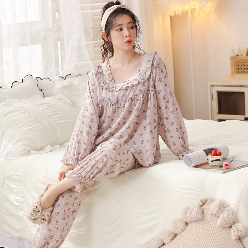 Yasuk Spring Autuum Fashion Women's Casual  Lace Square Collar Sleepwear Homewear Lovely Sweet Pajamas With Pants Soft Flower
