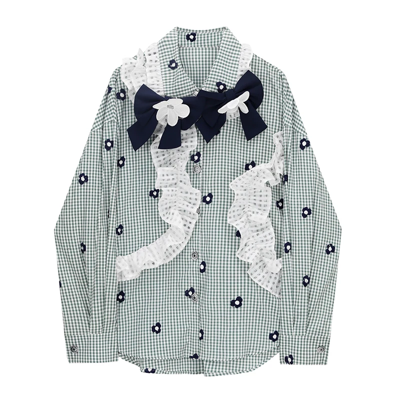 

French Doll Collar Bow Ruffled Green Plaid Shirt Female Spring Three-dimensional Flower Lace Single Breasted Blouse Women's Wild