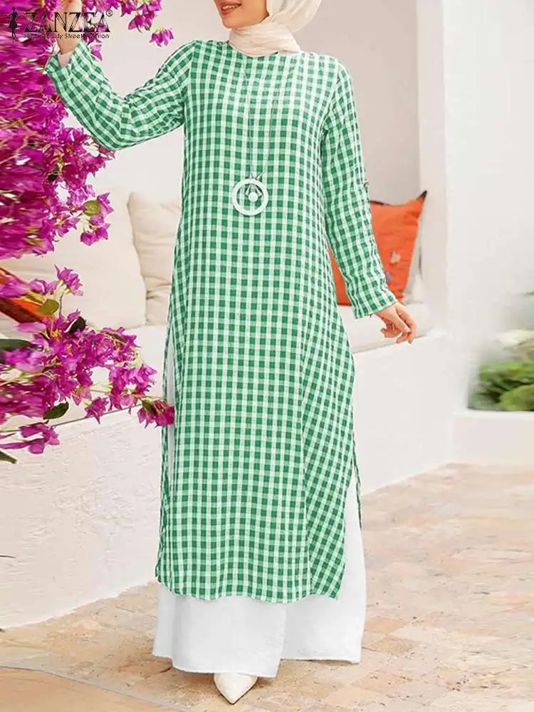 ZANZEA Women Loose Muslim Sets 2PCS Grid Printed O-Neck Evening Gown Islamic Blouse Elastic Pockets Abayas Caftan Turkey Pant