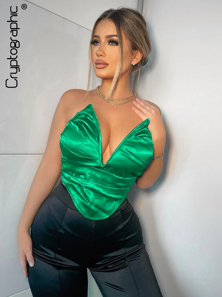 

Cryptographic Fashion Satin Ruched Crop Top for Women Hot Summer Sleeveless Strapless Y2K Corset Tops Party Clubwear Clothes