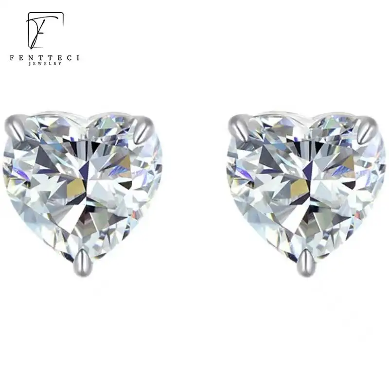FENTTECI S925 Sterling Silver Real Moissanite Diamond Stud Earrings Heart Shaped for Women Jewelry Wedding Engagement With GRA