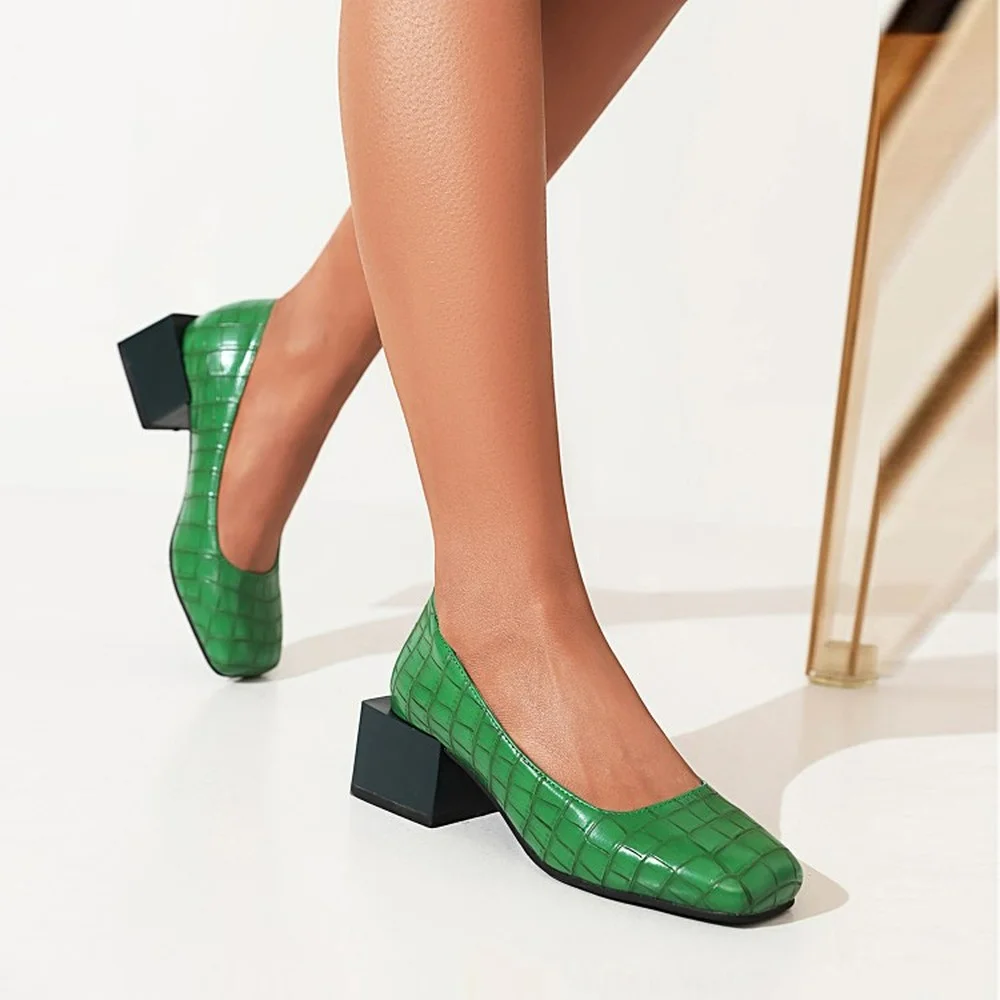 

Womens Round Toe Crocodile Pattern Square Heel Pumps Slip On Shoes Match Colors Plus Big Size 46 47 48