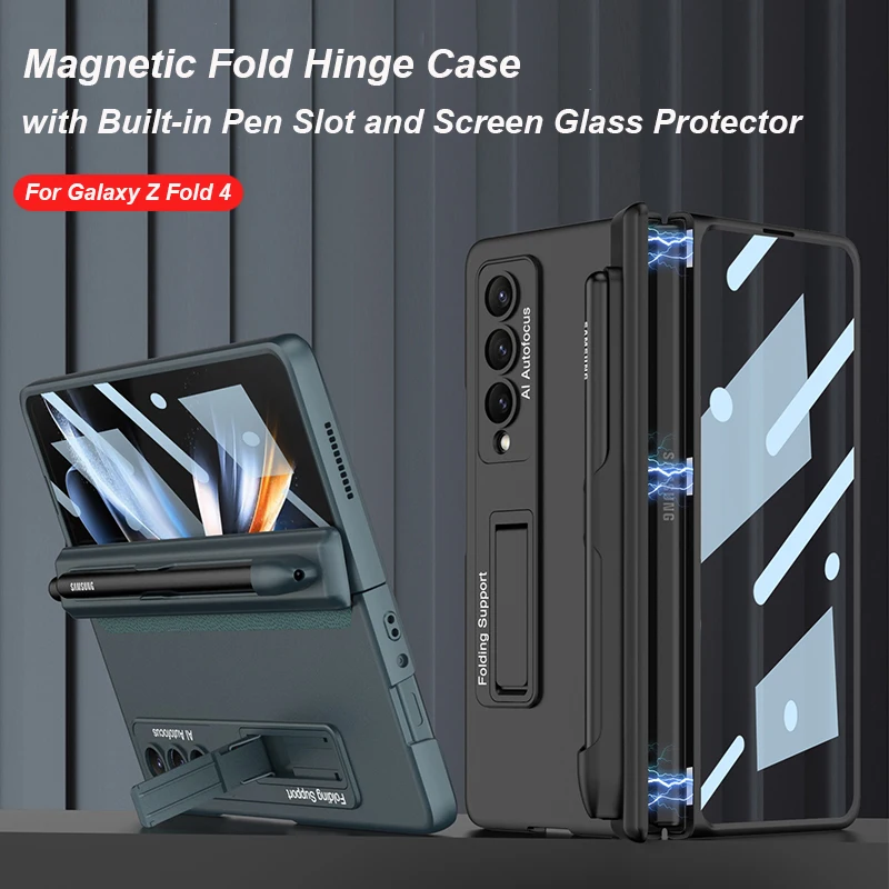 

For Samsung Galaxy Z Fold 4 5G Case Magnetic Hinge Pen Slot Kickstand Hard Cover with Screen Glass Protector for Samsung Z Fold4