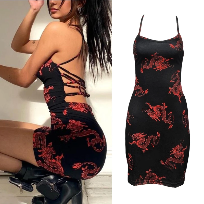 

Women Dark Goth Sexy Halter Backless Mini Bodycon Dress Criss-Cross Lace-Up Bandage Back Harajuku Dragon Print Package Hip Party