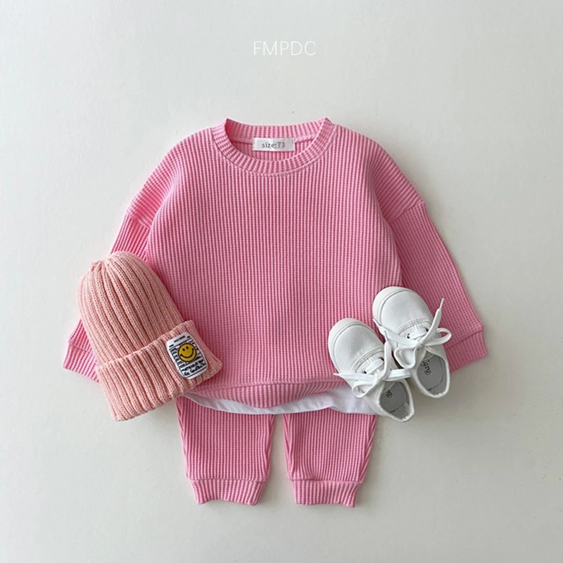 2022 Korean Baby Cotton Kintting Clothing Sets Mock Two-piece Waffle Cotton Kids Boys Girls Clothes Sets Tracksuit Tops+Pants