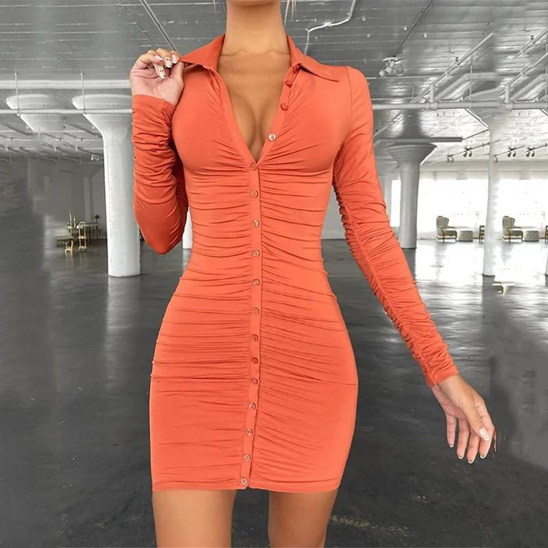 

New Autumn Casual Women's Vintage Bodycon Single-breasted Summer Dress Simply Ruched Y2K Women's Clothing 2022 Dresses