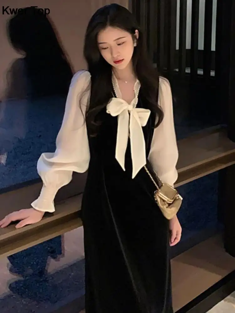 

French Vintage Velvet Evening Party Dresses for Women Elegant Korean Design Slim Vestidos Autumn Fashion Black Clothes 2023