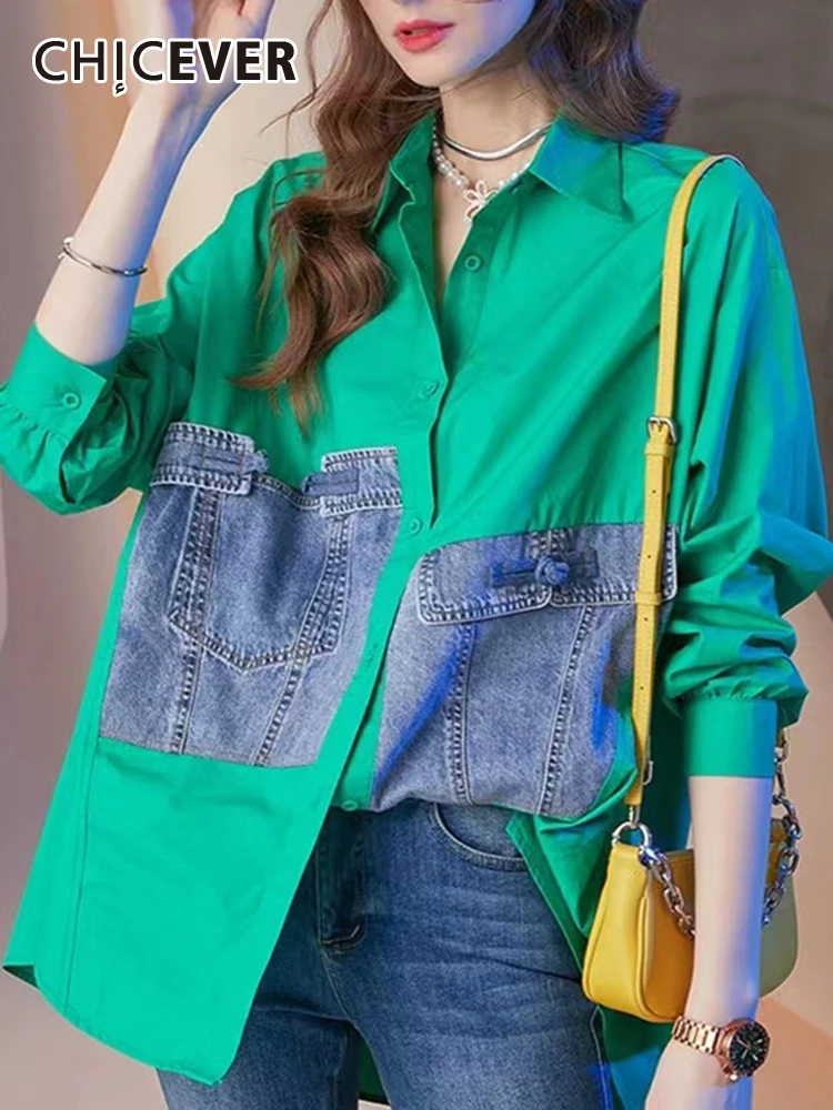 

CHICEVER Лоскутные Джинсовые рубашки для женщин с лацканами с длинным рукавом однобортный хит цвет свободная модная блузка женская весенняя од...