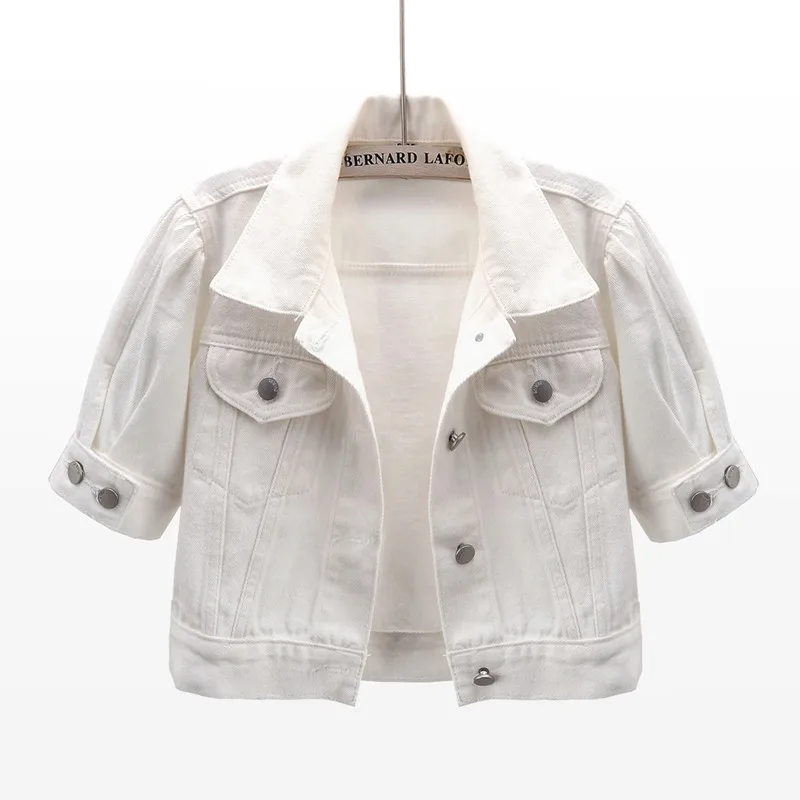 

2023 Spring Summer New Puff Sleeves Short White Denim Jacket Women Single-Breasted Fashion Slim Jeans Coat Female Clothes G2083