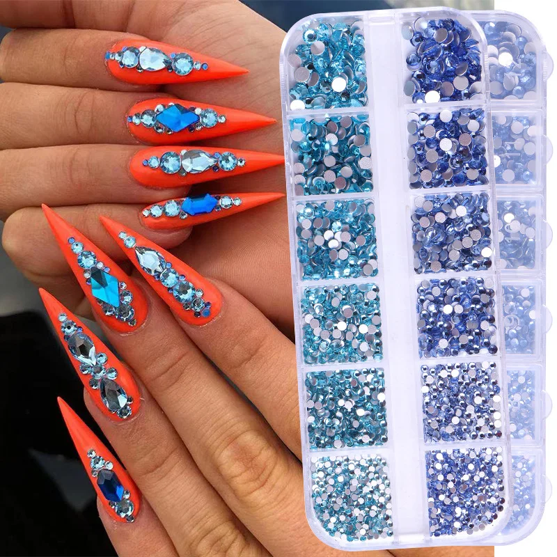 

12 Grids 1500pcs Eye Jewelry For Makeup Nail Diamond Glass Round Mix Color Flat-bottom Non Hotfix Applique SS4 SS8 SS12 SS16