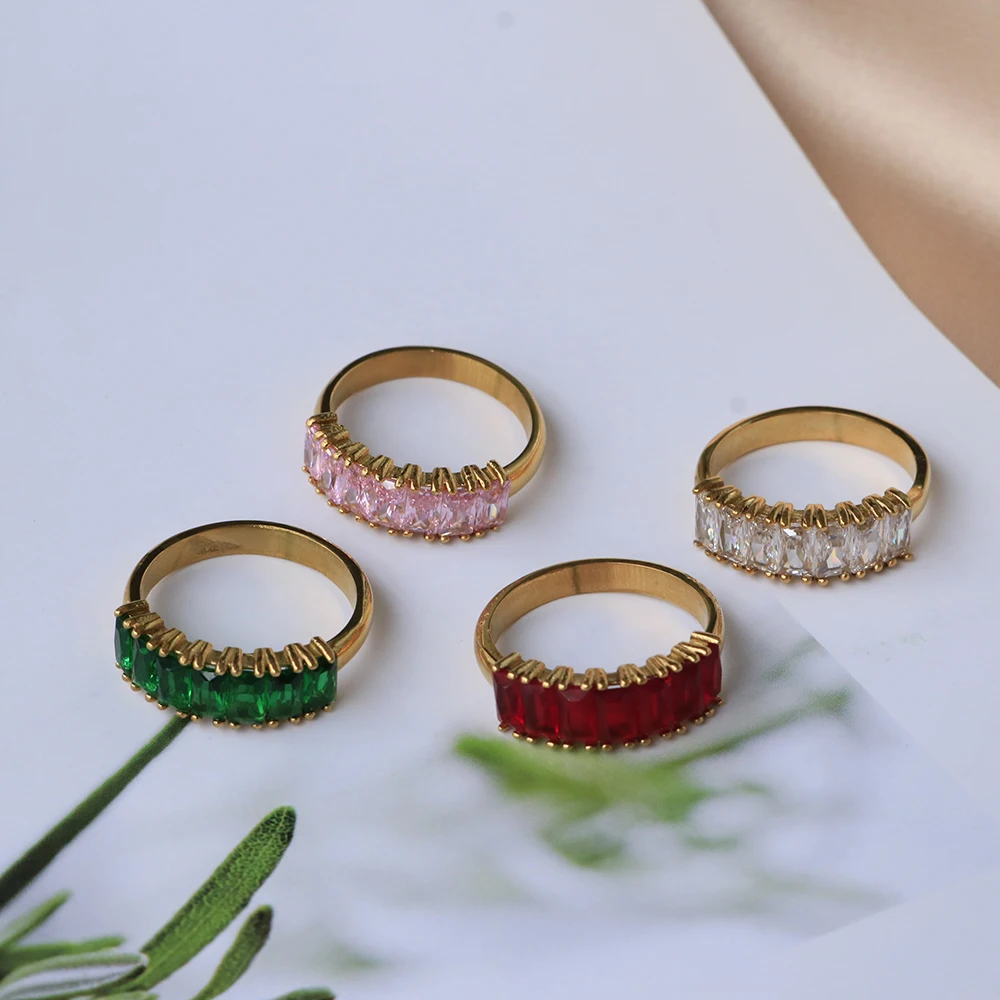 

Ins Fashion Stainless Steel Cubic Zircon Rings Waterproof 18K Gold Plated Geometric Ring Jewelry for Women Bling Zirconia Rings