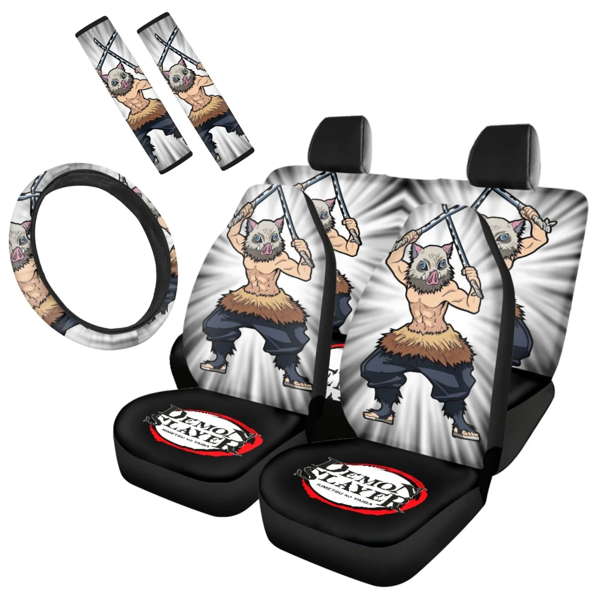 

Demon Slayer Blad はしびら いのすけ Print Car Seat Cover Set 7Pcs Vehicle Clean Protector High Quality Seat Belt Steering Wheel Covers