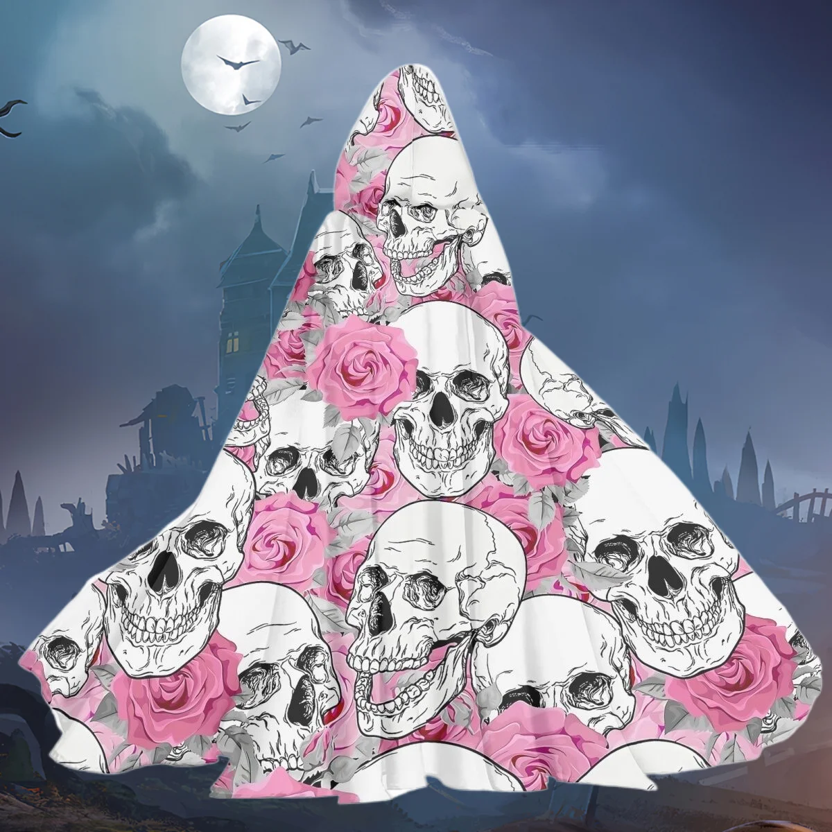 

2023 Fashion Unisex Cloak Coats Gothic Floral Skull Printed Maxi Hooded Cloak with Strap for Womens Men Halloween Party Costume