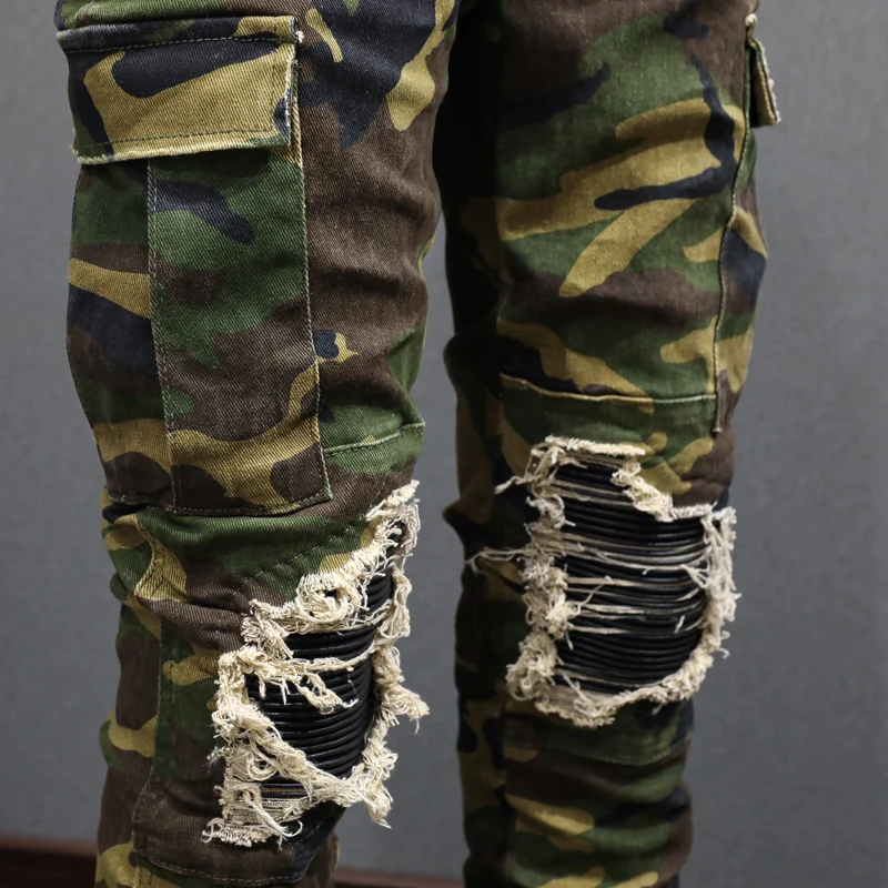 Street Fashion Men Jeans Camouflage Elastic Slim Ripped Jeans Men Big Pocket Designer Leather Patched Hip Hop Brand Pants Hombre