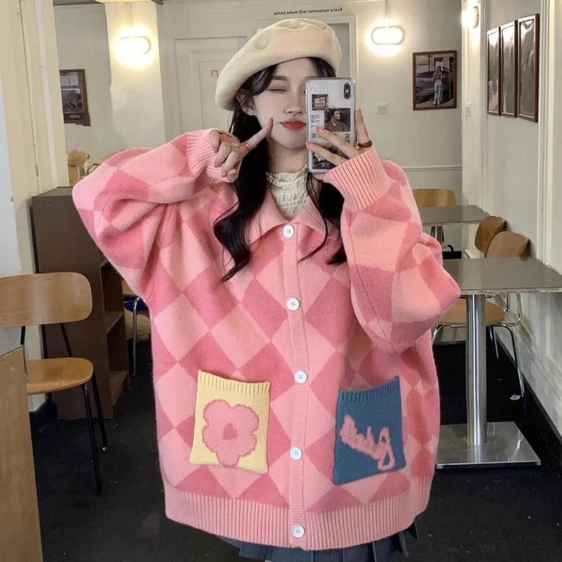 Girl Kawaii Plaid Pink Cardigan Sweater Top Women Vintage POLO Collar Loose Knitted Sweater Korean Fashion Harajuku Streetwear
