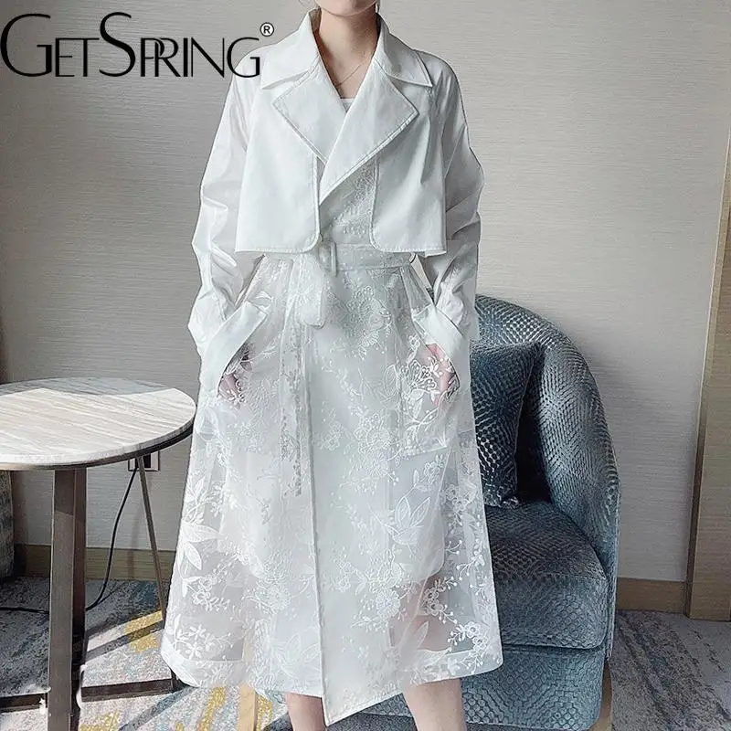 

GetSpring Women Trench Coat Temperament Lace Spliced White Windbreaker Lace Up Loose Long Female Overcoat Autumn Spring 2022 New