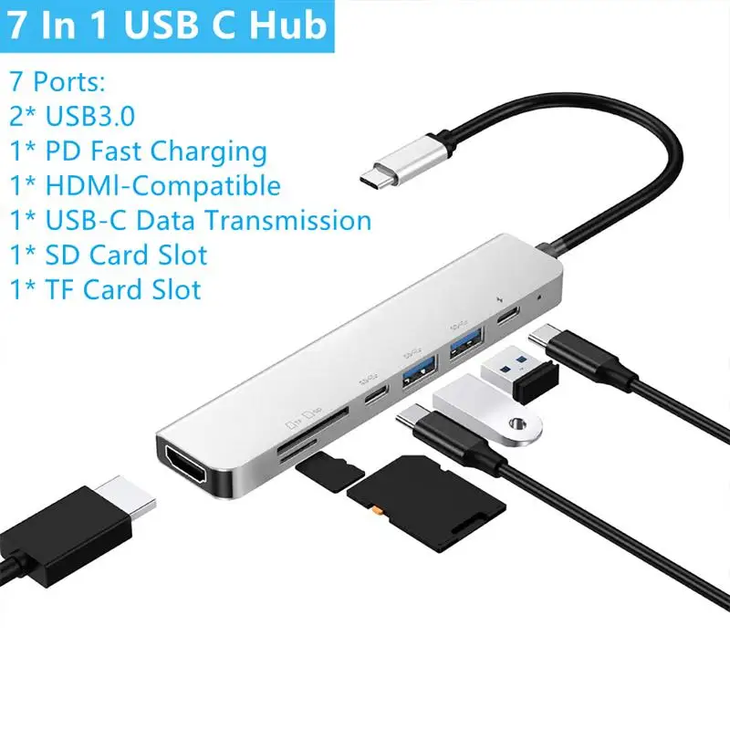 

Док-станция 7 в 1, USB Type-C, USB 3,0, PD