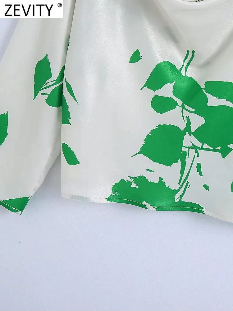 Zevity Женская мода ворсовый Воротник Плиссированные зеленые листья принт атласная