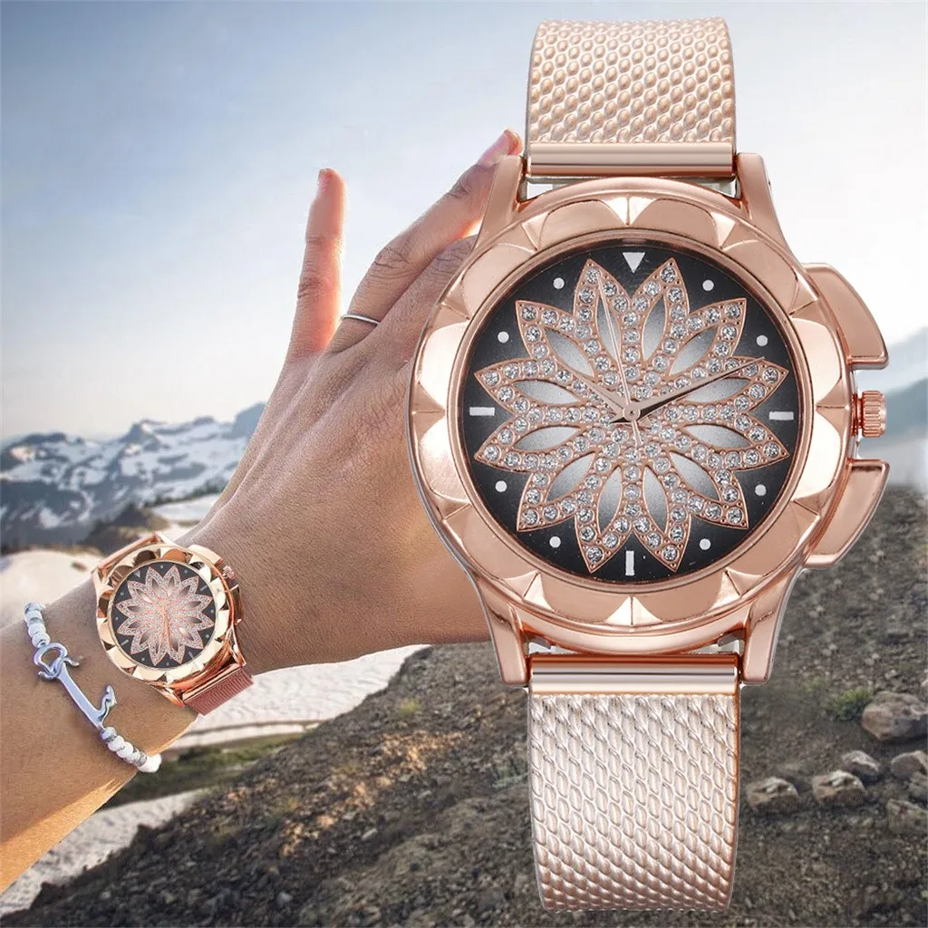 

Lady Women Watches Fashion Ladies Steel Belt Watch Wild Creative Fashion Gift Fashion Women Rose Gold Flower Rhinestone Watches