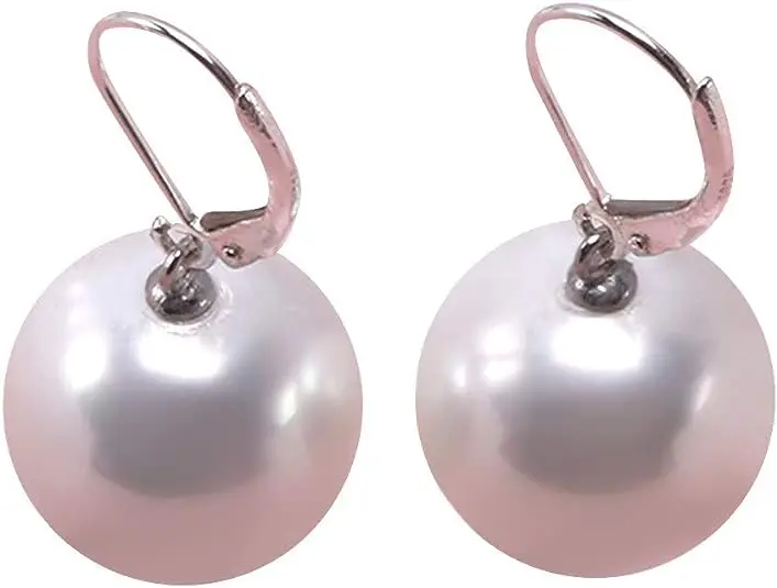 

Luck Pearl Jewelry Sterling Silver Leverback Earrings 16mm Round White Seashell Pearl Earrings for Girls L-SPE058