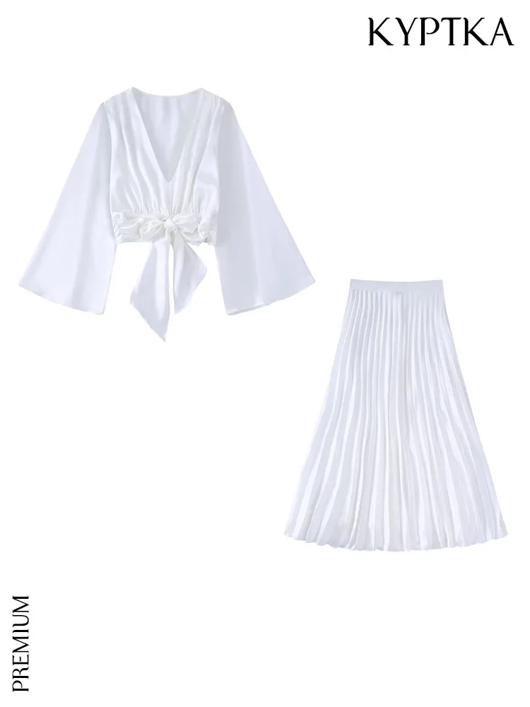 KYPTKA Women Fashion Front Bow Tied Cropped Satin Blouses And High Waist Pleated Midi Skirts Female Two Piece Sets Mujer