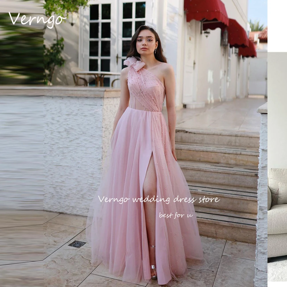 

Verngo Elegant Baby Pink Tulle Prom Evening Dresses One Shoulder Pearls Split Arabic Women Party Formal Dress Pageant Bride Gown