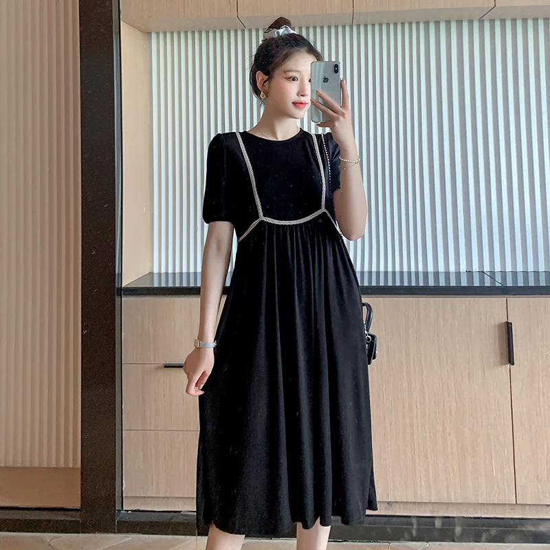 

6016# 2022 Summer Korean Fashion Maternity Long Dress Elegant A Line Chic Ins Clothes for Pregnant Women OL Work Pregnancy