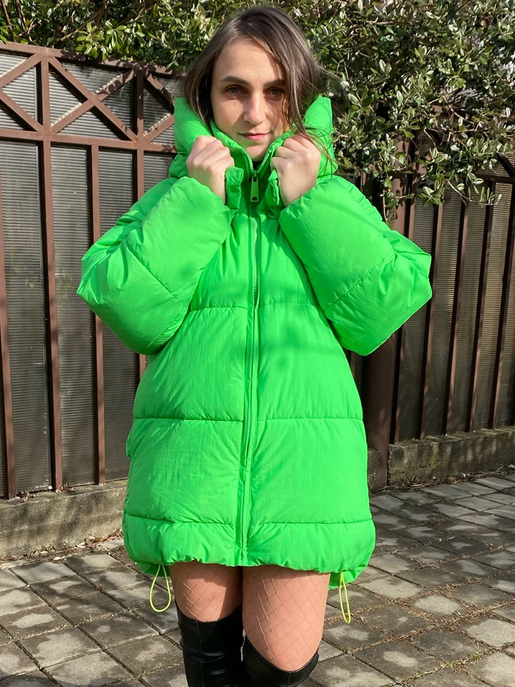 Traf 2022 Women Winter Jacket Parkas Green Hooded Jacket Zip Up Thick Puffer Coats Woman Winter Jackets For Girls Vinyl Puffer 2