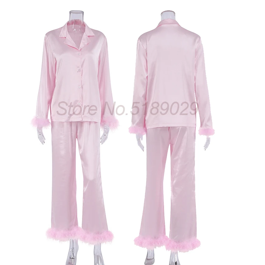 

Sleep Set Feather Lady 2PCS Pajamas Suit Long Sleeve Loungewear SATIN Sleepwear Lapel Home Clothes With Pants Intimate Lingerie