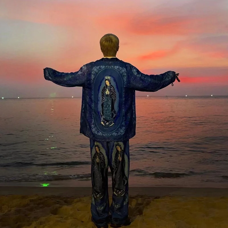 

Брюки Kapital мужские и женские с японским рисунком Девы Марии, дышащие модные повседневные штаны из вискозы, с принтом