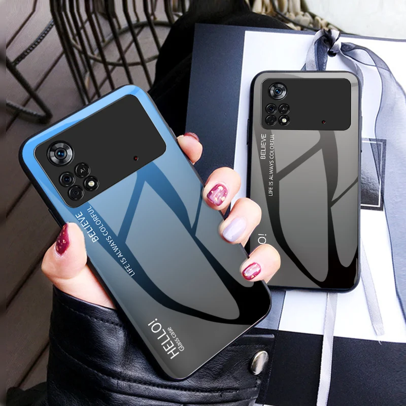 for poco x4 pro case tempered glass luxury gradient back cover soft silicone frame phone case for xiaomi poco x4 pro 5g free global shipping