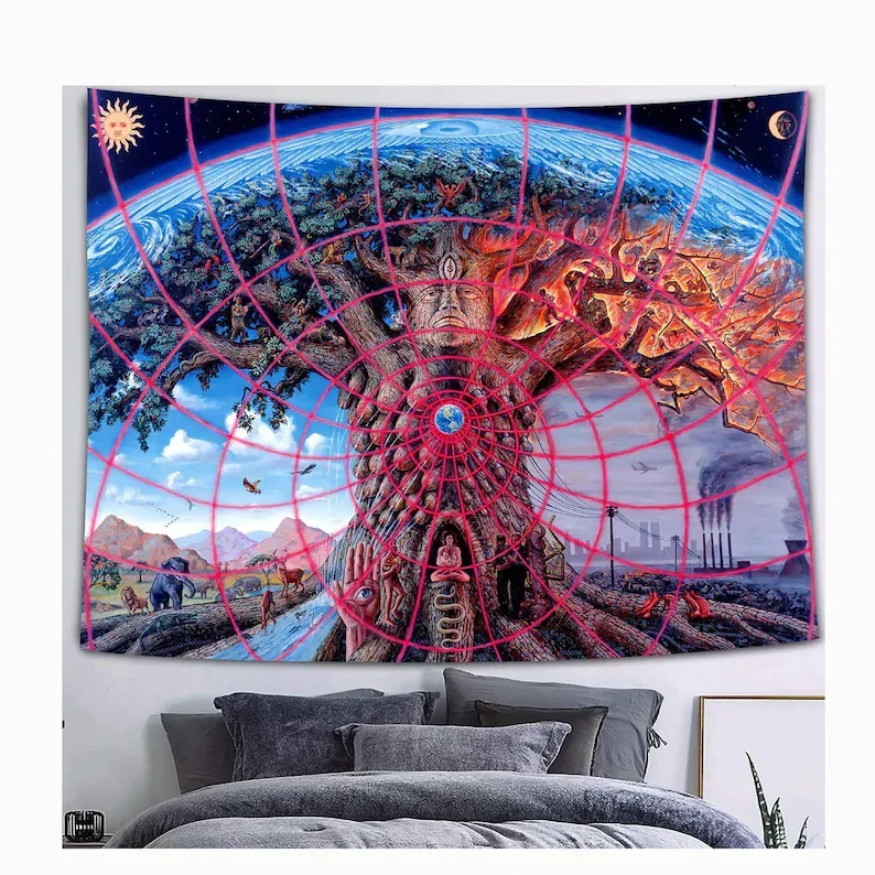 Психоделический гобелен Древо жизни лесные растения дом на дереве животное