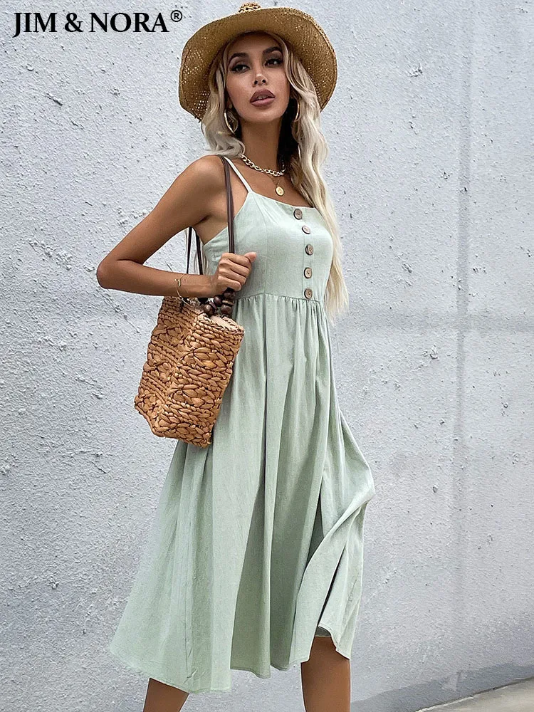 

JIM & NORA Casual Women Spaghetti Strapless Sling Sleeveless Ruffle Midi Dresses Soild Colour Buttons Vestidos Fashion Dress