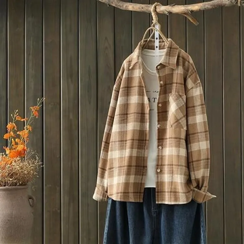 Рубашки женские в клетку винтажные повседневные универсальные однобортные