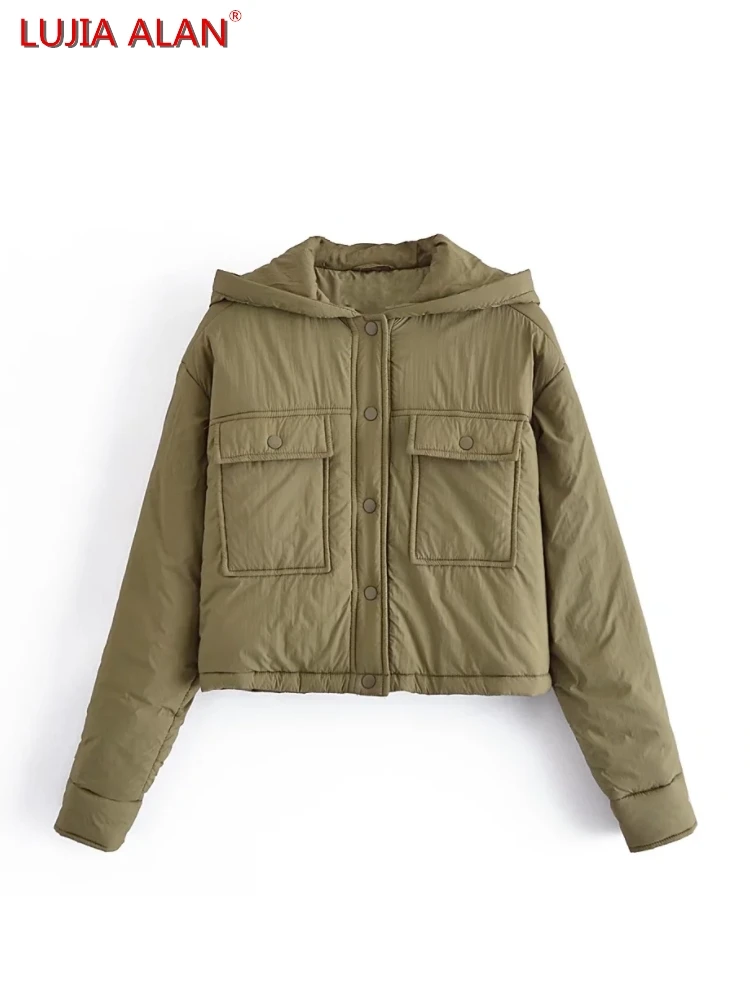 

Double Pockets Women Hooded Coat Autumn Female Long Sleeve Outerwear Loose Tops Cotton-Padded Clothes LUJIA ALAN C1501