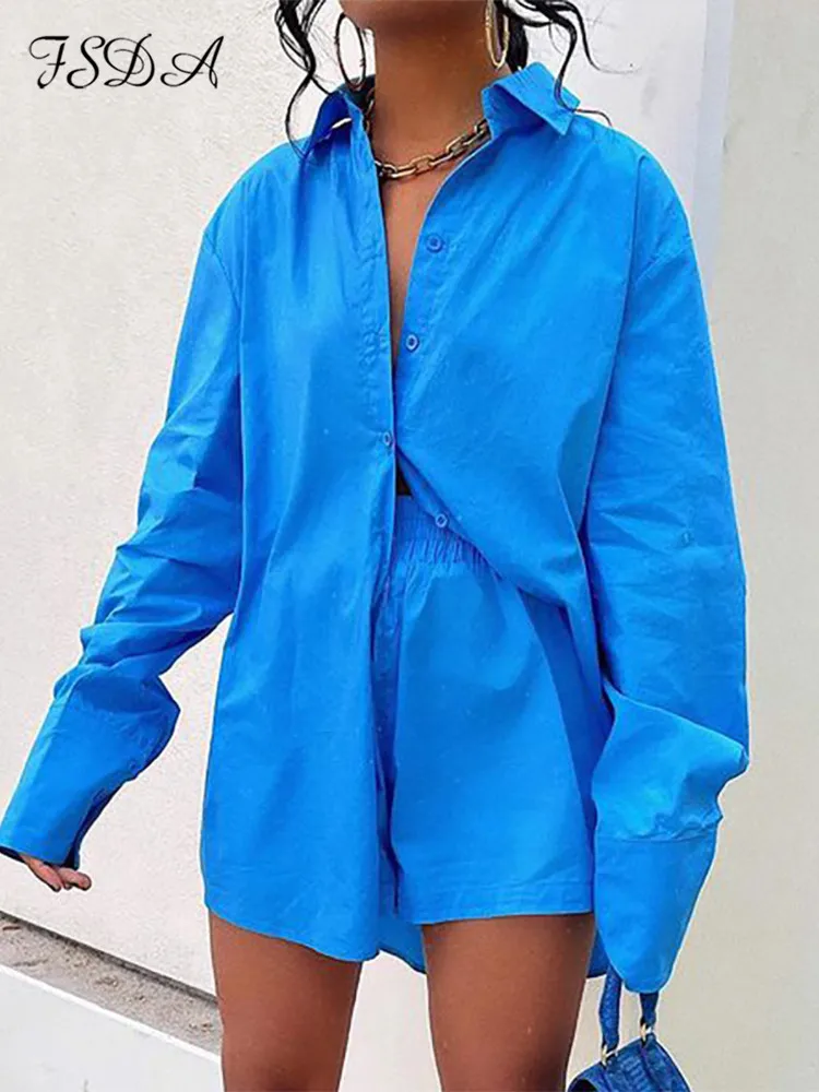 

FSDA Women Oversized Tracksuit Long Sleeve Top Shirts And Shorts Blue Y2K Casual Two Piece Sets Loose Summer Outfits Fashion